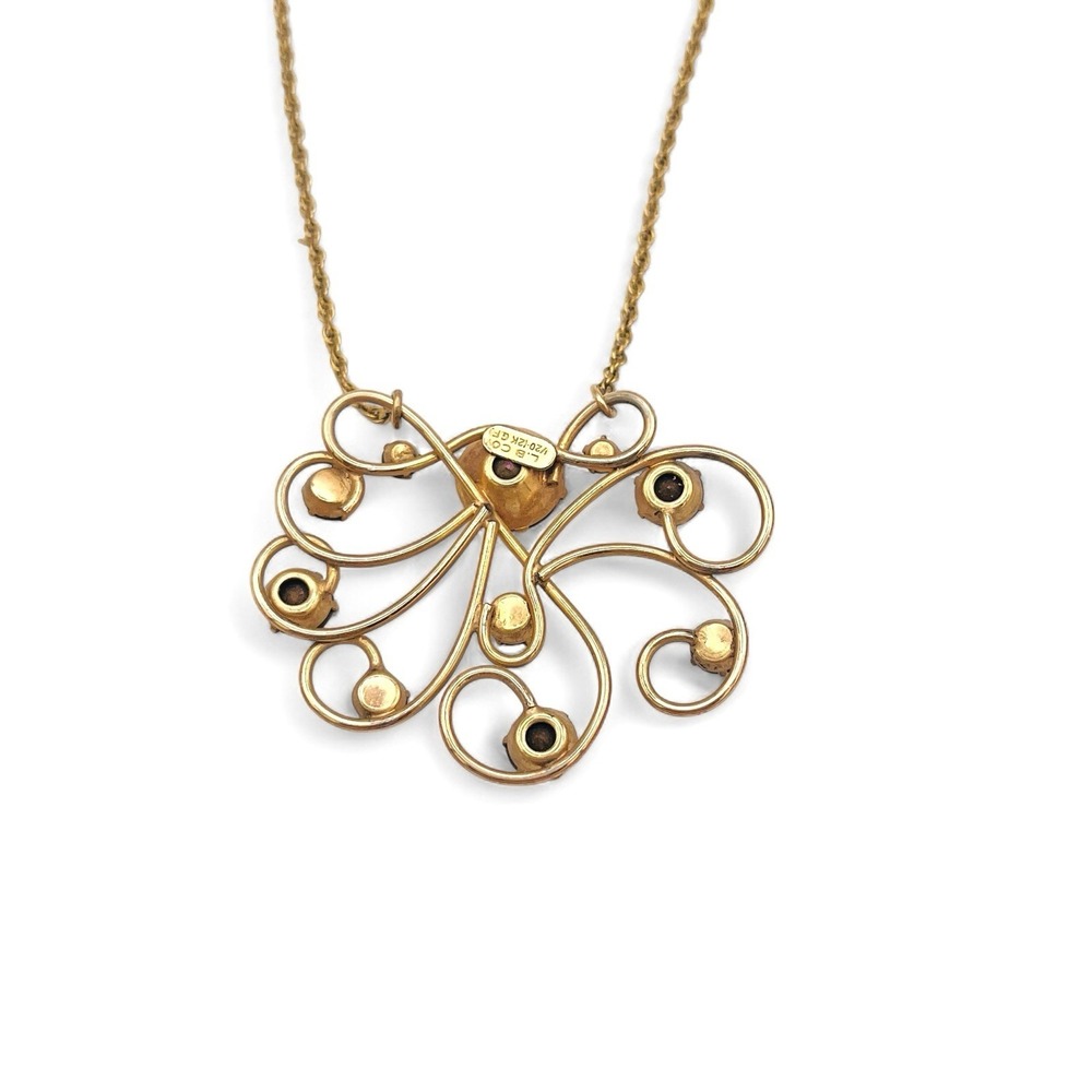 Vintage L.B CO Gold Wire Pendant Necklace Pink Crystal 1/20 12K GF Filigree - Picture 4 of 9
